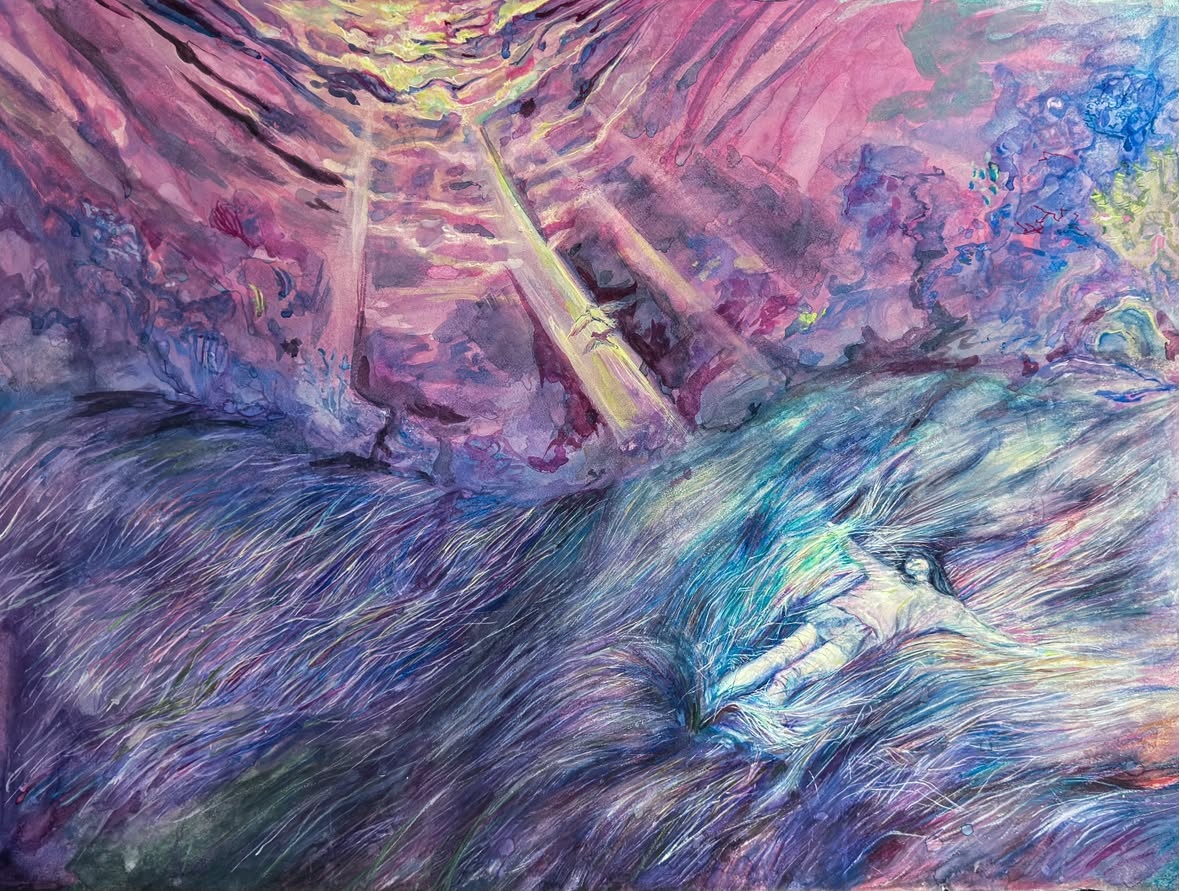 Field of Dreams — watercolor and gouache figure lying in a flowing field