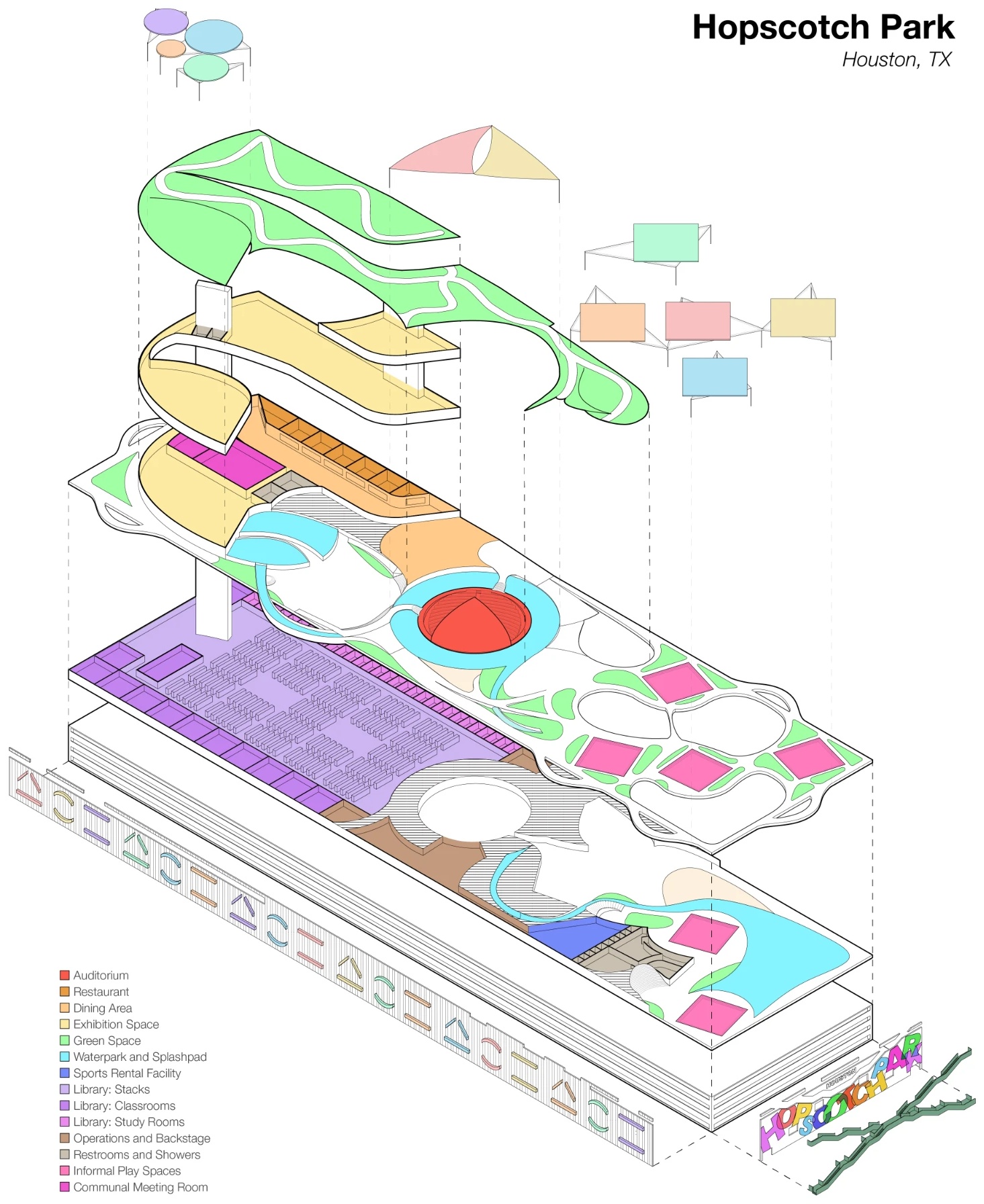 Hopscotch Park — labeled isometric diagram