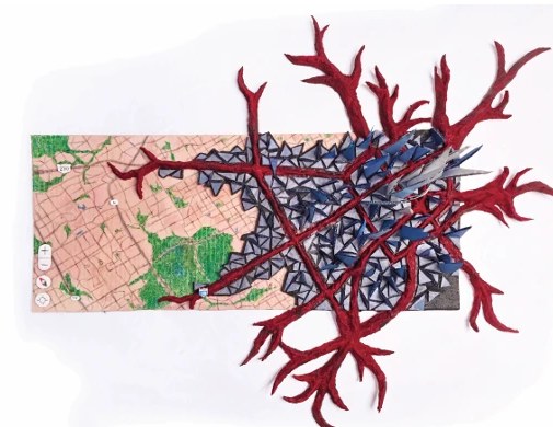 Parasite — mixed media sculpture on a map